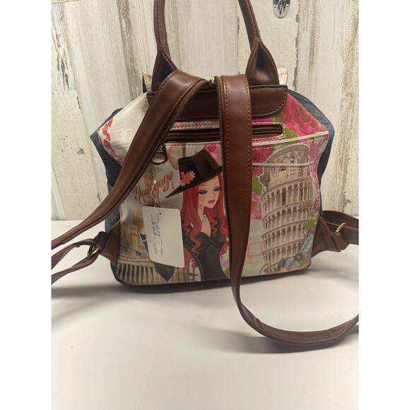 Michael Michelle Hand Painted Denim Backpack Floral NWT Paris Print Handbag - Picture 3 of 13